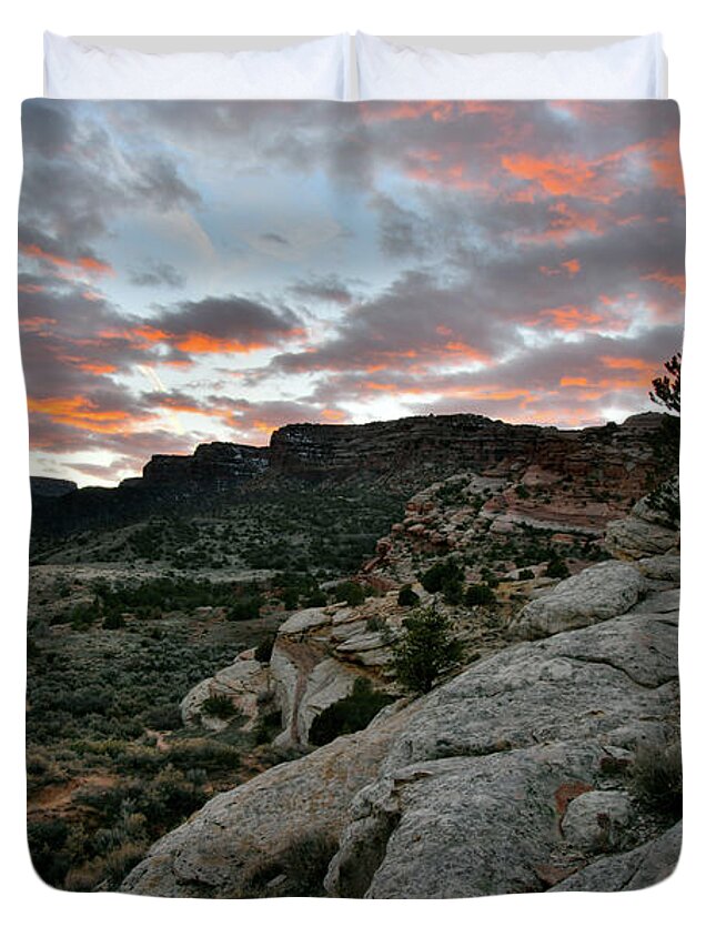 Colorado National Monument Duvet Cover featuring the photograph Fiery Sunset over Colorado National Monument by Ray Mathis