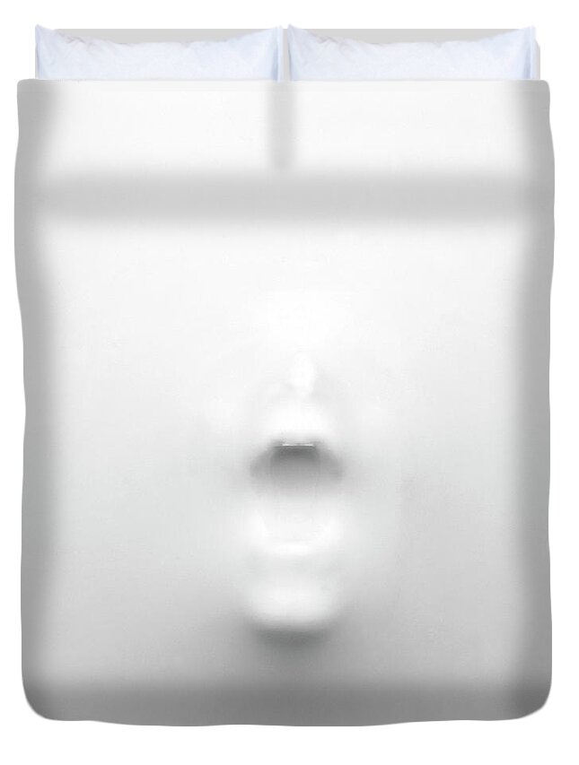 Problems Duvet Cover featuring the photograph Figure Pushing Through Rubber by Mark Mawson