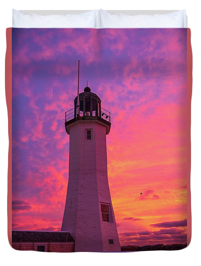 Scituate Duvet Cover featuring the photograph Fire Sunrise - Scituate Lighthouse by Ann-Marie Rollo