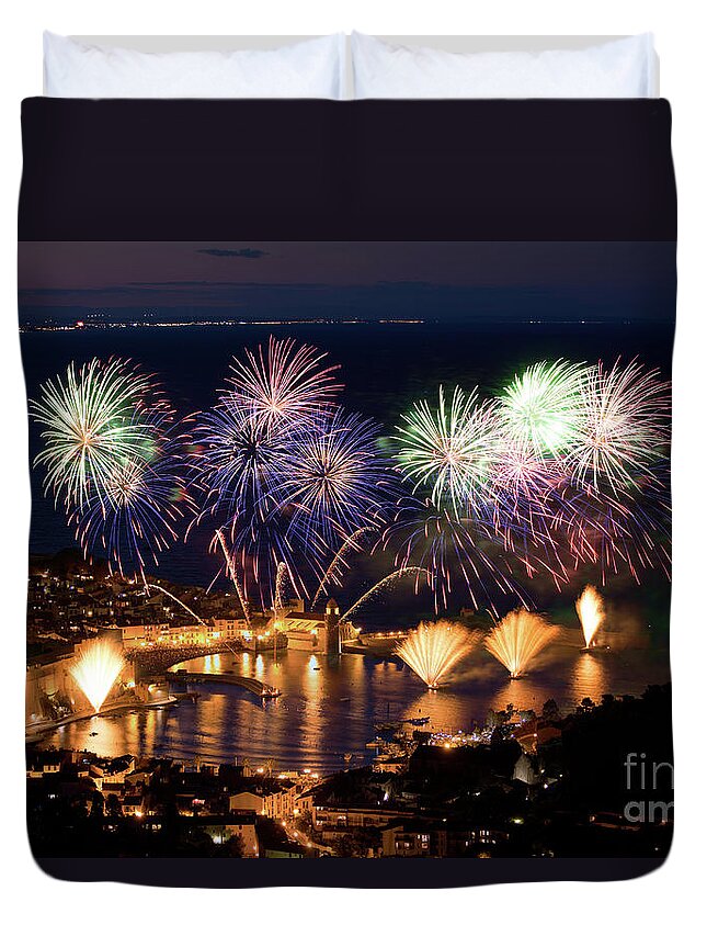 Firework Display Duvet Cover featuring the photograph Firework Over Harbor At Night by Bruno Paci