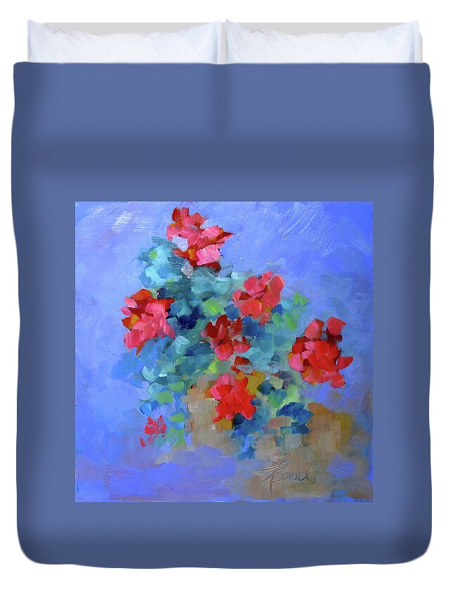 Geraniums Duvet Cover featuring the painting First Thing by Adele Bower