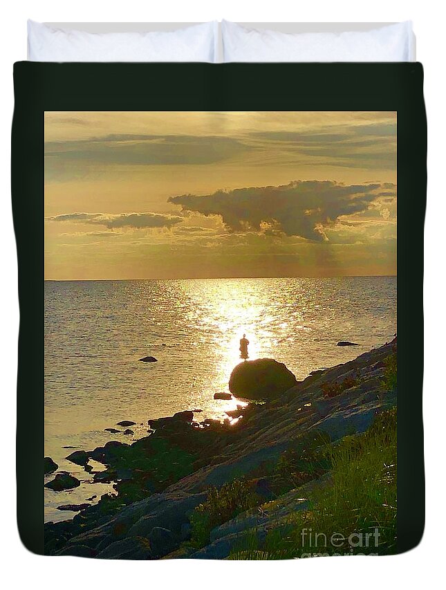 The Knob Duvet Cover featuring the photograph Fisherman at the Knob by Jacqui Hawk