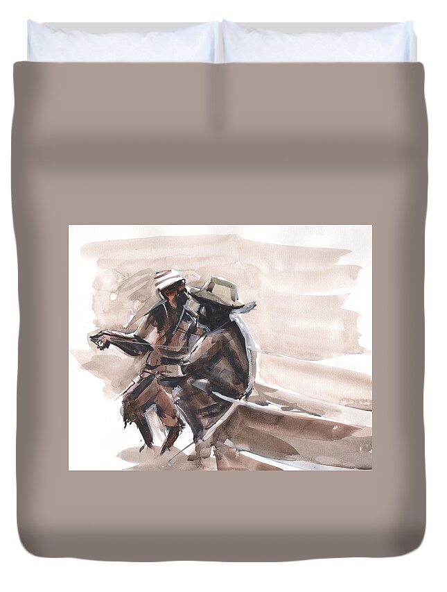  Duvet Cover featuring the painting Fishermen Prelim Sepia Sketch by Gaston McKenzie
