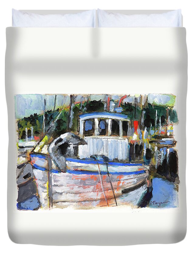 Garibaldi Harbor Duvet Cover featuring the painting Fishing Boat at Garibaldi by Mike Bergen