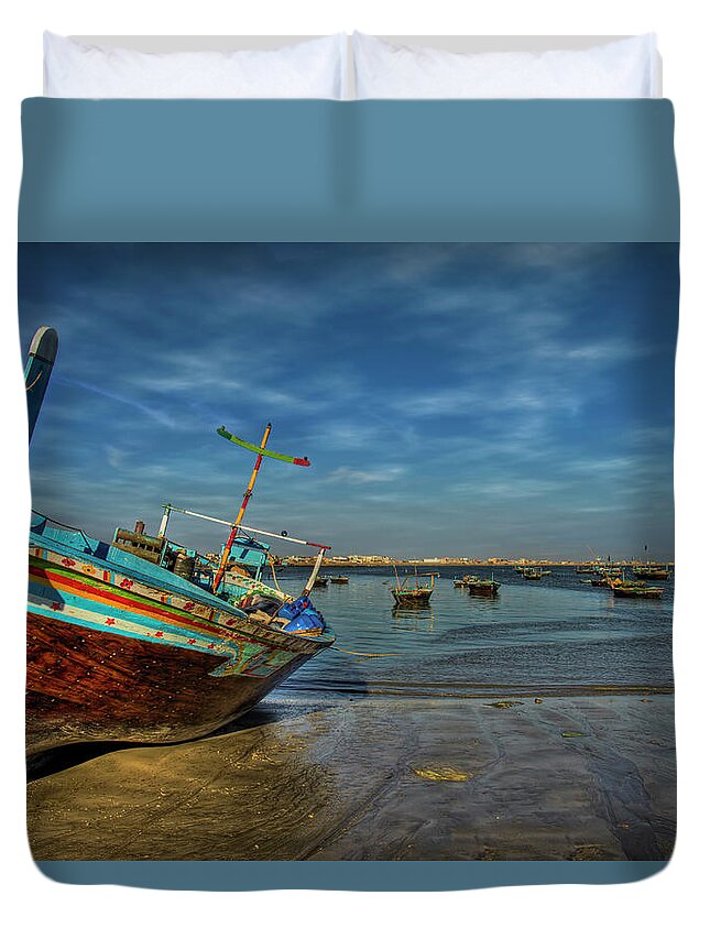 Karachi Duvet Cover featuring the photograph Fishing Boats Dot by Sm Rafiq Photography.