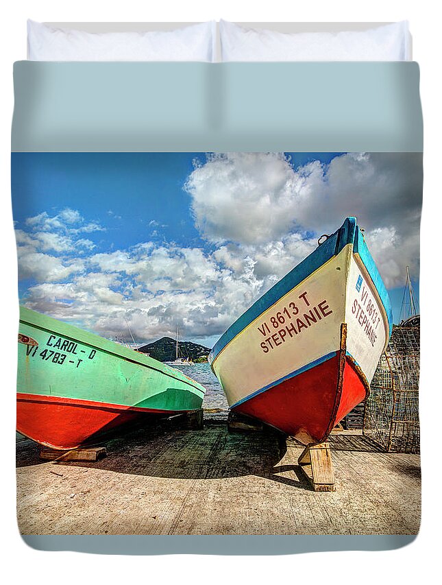 Boats Duvet Cover featuring the photograph Fishing boats in Frenchtown by Gary Felton