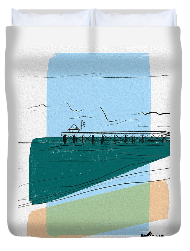 Beach Duvet Cover featuring the digital art Fishing Pier At Oak Island by Michael Kallstrom