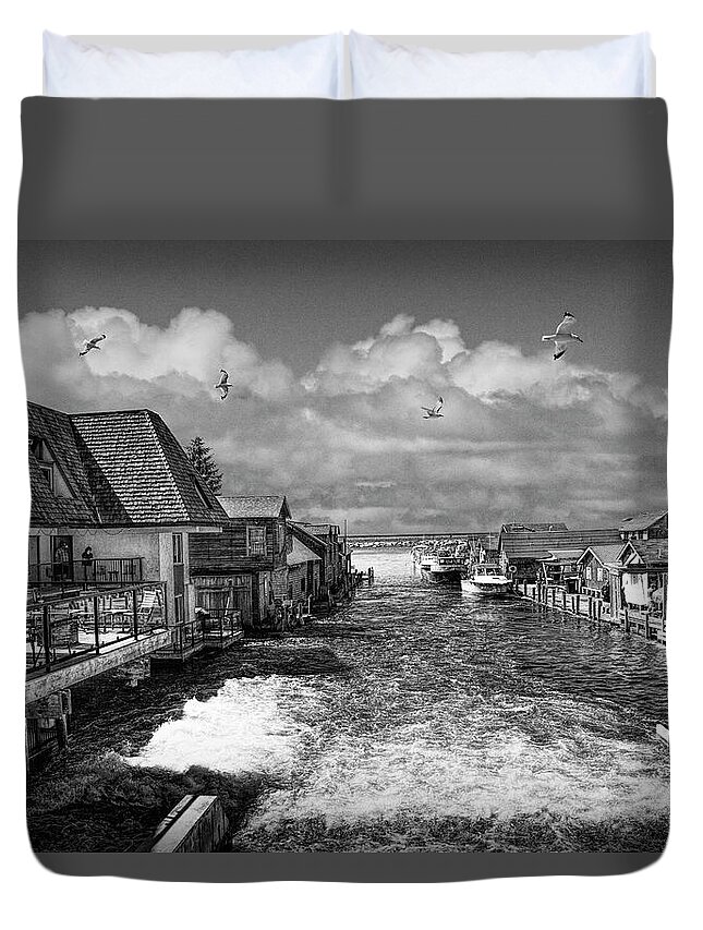 Vacation Duvet Cover featuring the photograph Fishtown in Leland Michigan in Black and White by Randall Nyhof