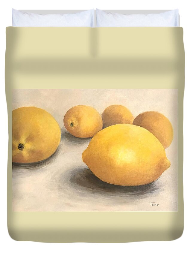Lemon Duvet Cover featuring the painting Five Lemons by Torrie Smiley
