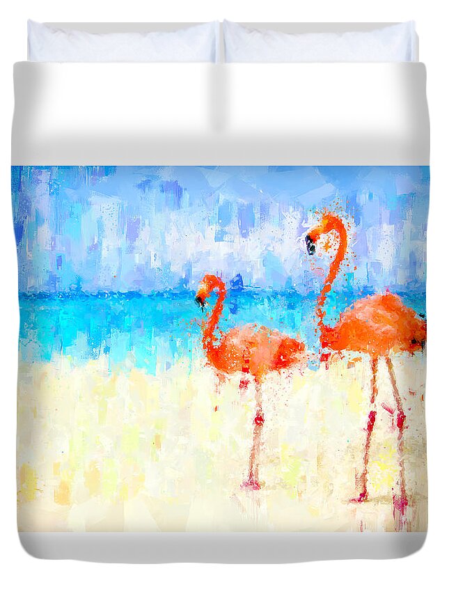 Flamingos Duvet Cover featuring the painting Flamingos by Vart Studio