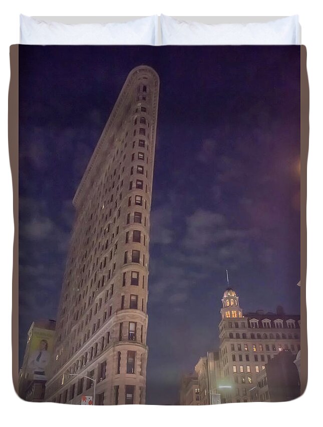 Flat Iron Building Duvet Cover featuring the photograph Flat Iron Building at night by Alan Goldberg