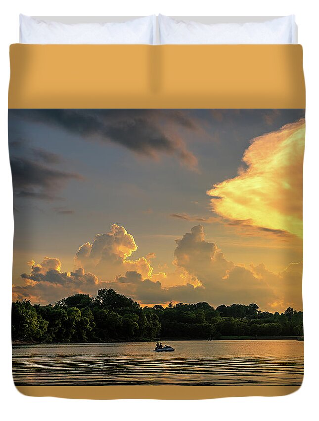 Clouds Duvet Cover featuring the photograph FLoatin' on a Jetski with my baby watchin' the sun go down by Robert FERD Frank