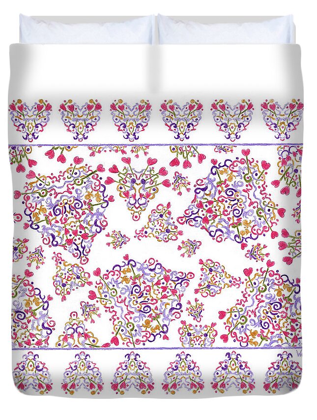 Lise Winne Duvet Cover featuring the drawing Floating Hearts with Border by Lise Winne