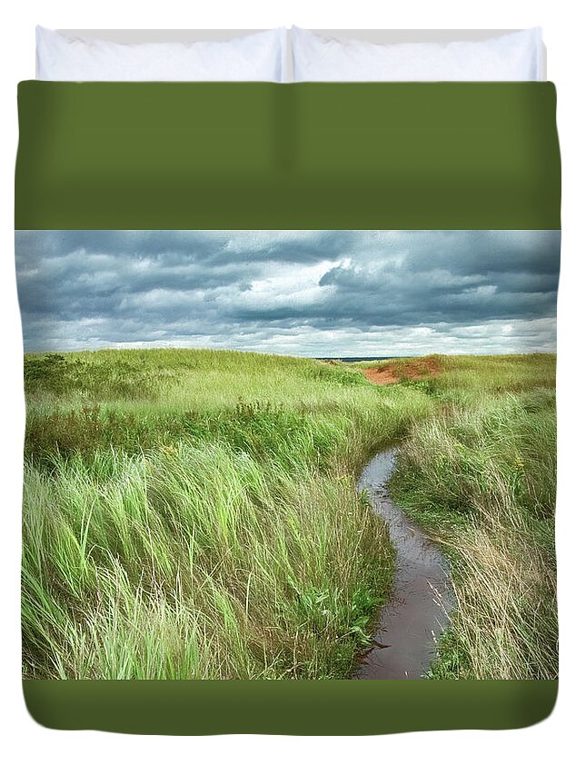 New London Lighthouse Duvet Cover featuring the photograph Flooded Dune Path After Dorian by Marcy Wielfaert