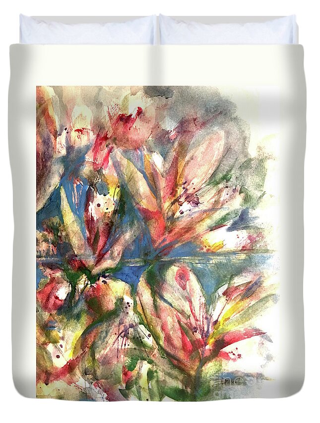 Impressionistic Floral Landscape Louisiana Watercolor Abstract Impressionism Water Bayou Lake Verret Blue Set Design Iris Abstract Painting Abstract Landscape Purple Trees Fishing Painting Bayou Scene Cypress Trees Swamp Bloom Elegant Flower Watercolor Coastal Bird Water Bird Interior Design Imaginative Landscape Oak Tree Louisiana Abstract Impressionism Set Design Fort Worth Texas Duvet Cover featuring the painting Floral Shore by Francelle Theriot