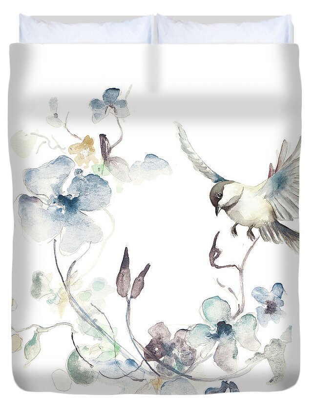 Bird Duvet Cover featuring the mixed media Floral With Bird II by Patricia Pinto