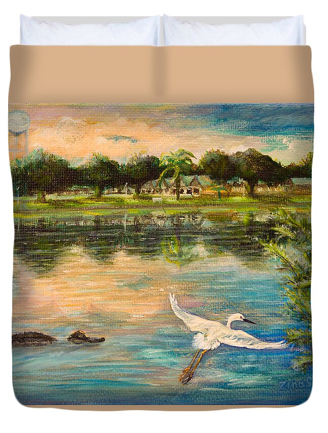Lake Duvet Cover featuring the painting Florida wildlife and sunset reflection by Zina Stromberg