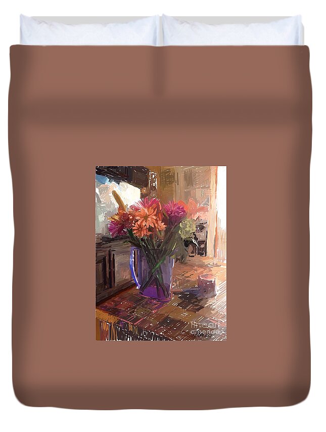 Vase Duvet Cover featuring the digital art Flowers in a Vase by Joe Roache