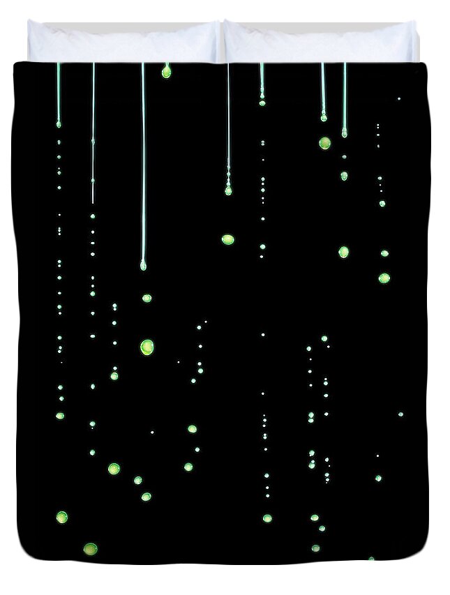 Black Background Duvet Cover featuring the photograph Fluorescent Yellow Color Water Droplets by Biwa Studio