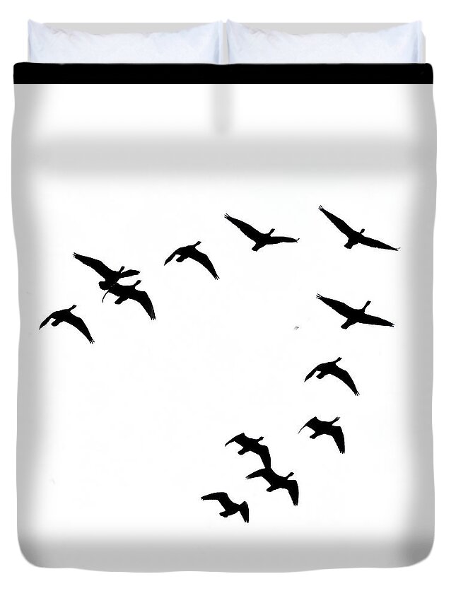 Canadian Geese Duvet Cover featuring the photograph Flying Away by Scott Cameron