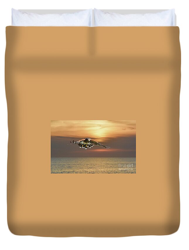 Harris's Hawk Duvet Cover featuring the photograph Flying Over the Sea by Eva Lechner