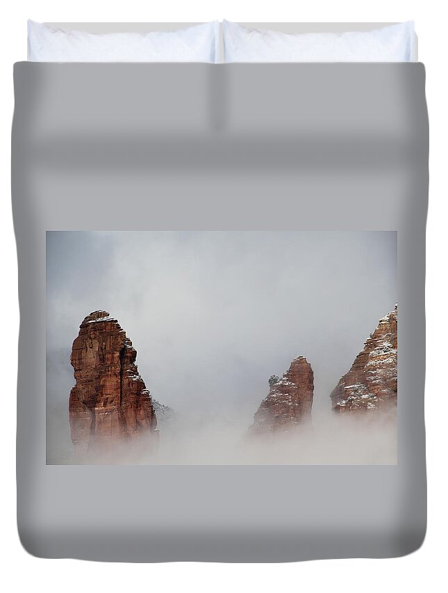 Scenics Duvet Cover featuring the photograph Fog Red Rock Snow Mountain Heaven by Sassy1902