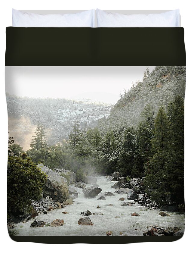 Scenics Duvet Cover featuring the photograph Fog Sunrise At Merced River Of Yosemite by Arturbo