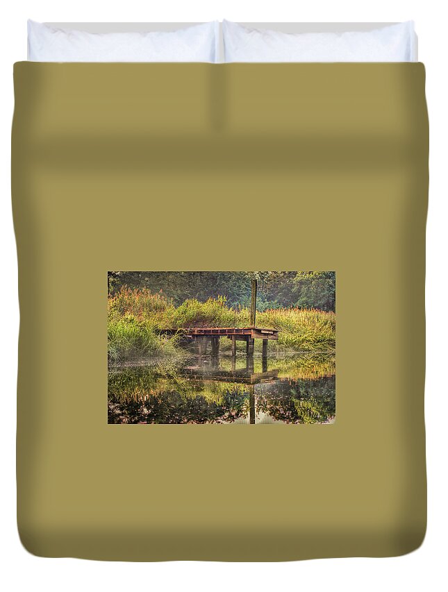 Dock Duvet Cover featuring the photograph Old Dock With Fog At Blind Brook by Cordia Murphy