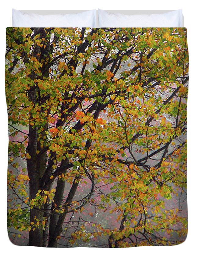 Foggy Duvet Cover featuring the photograph Foggy Autumn Morning by Jaeda DeWalt