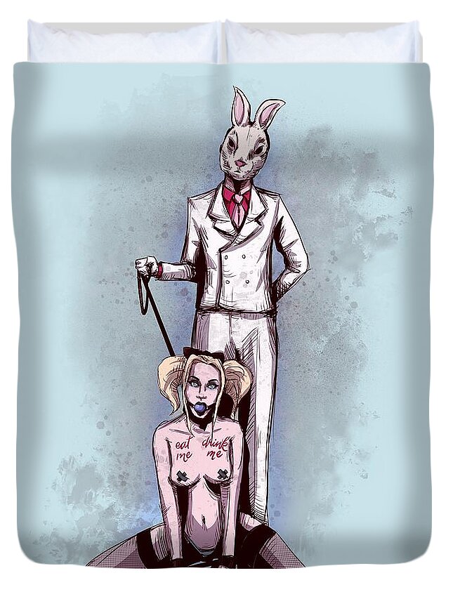 Bdsm Duvet Cover featuring the drawing Follow the White Rabbit by Ludwig Van Bacon
