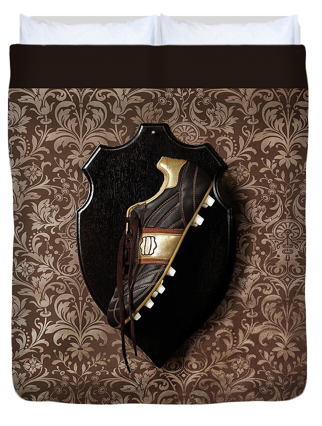 Wallpaper Duvet Cover featuring the photograph Football Boot Hanging As A Trophy On A by Henrik Sorensen