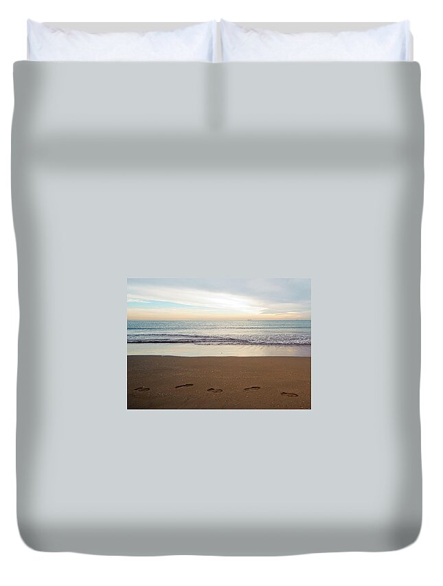 Scenics Duvet Cover featuring the photograph Footprints On Beach by Haykirdi