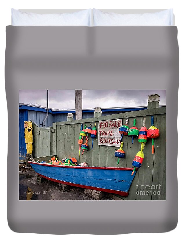 New England Duvet Cover featuring the photograph For Sale Traps Bouys by Mary Capriole