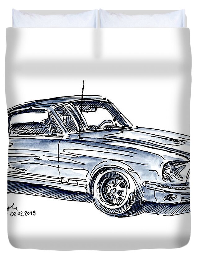 Ford Duvet Cover featuring the drawing Ford Mustang GTA Fastback 1967 Classic Car Ink Drawing and Water by Frank Ramspott