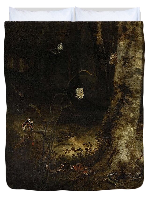 Canvas Duvet Cover featuring the painting Forest Floor with a Snake, Lizards, Butterflies and other Insects. by Otto Marseus van Schrieck