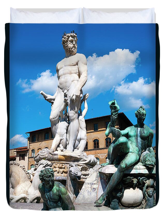 Statue Duvet Cover featuring the photograph Fountain Of Neptune, Firenze, Italy by Nico Tondini