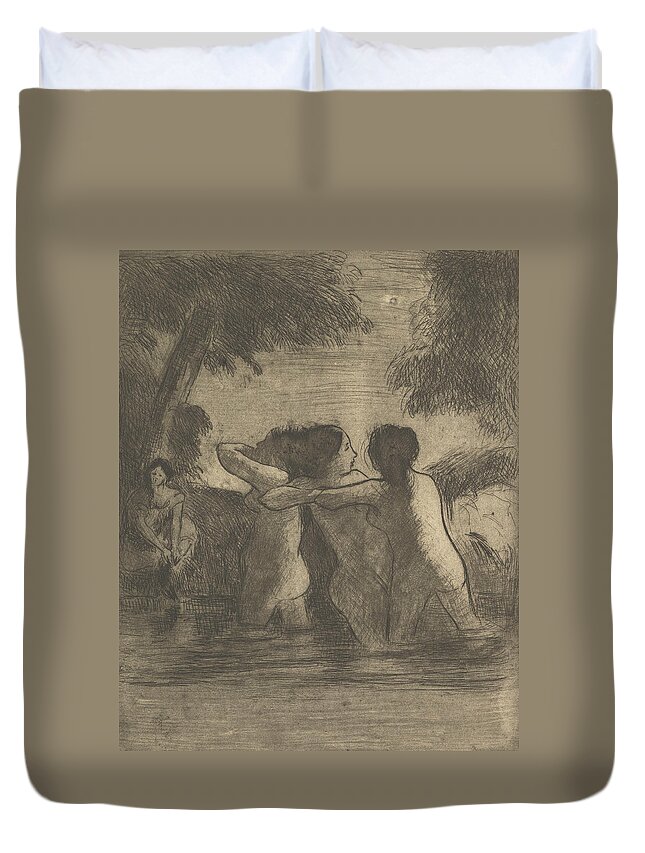 19th Century Art Duvet Cover featuring the relief Four Bathers by Camille Pissarro