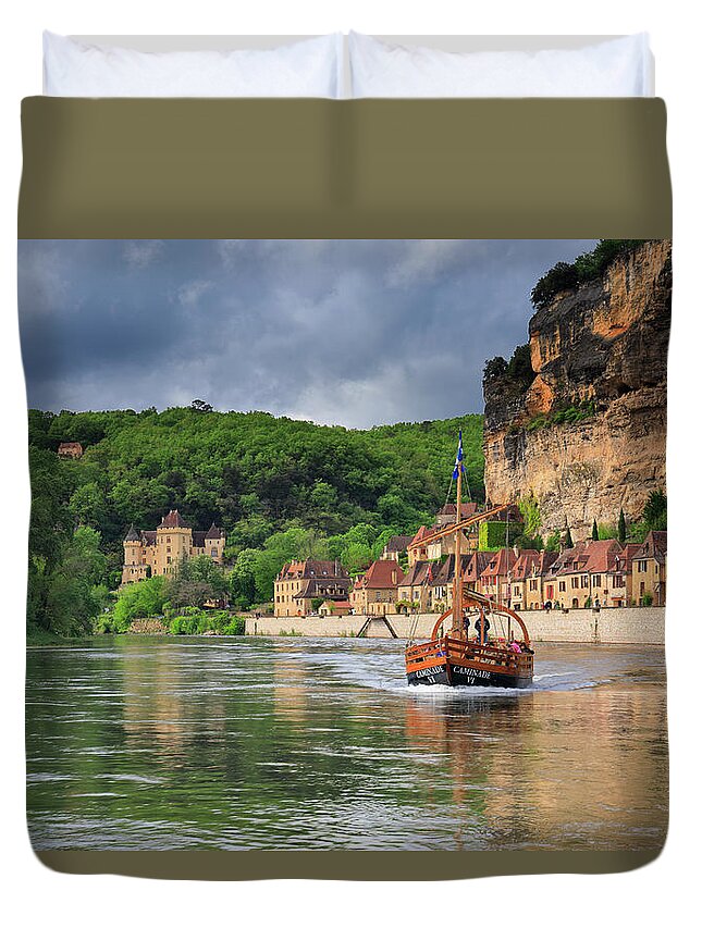 Estock Duvet Cover featuring the digital art France, Nouvelle-aquitaine, Dordogne, Perigord, La Roque-gageac, View Of The Village, Built Under A Rocky Cliff Along A Bend Of The Dordogne River, One Of The Most Charming Villages Of France by Riccardo Spila