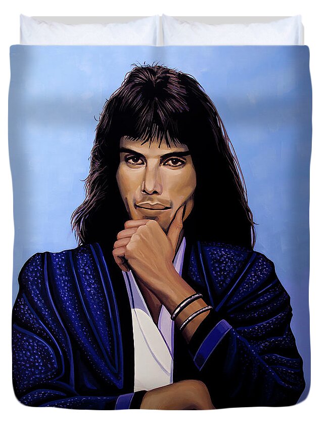 Freddie Mercury Duvet Cover featuring the painting Freddie Mercury Painting 5 by Paul Meijering