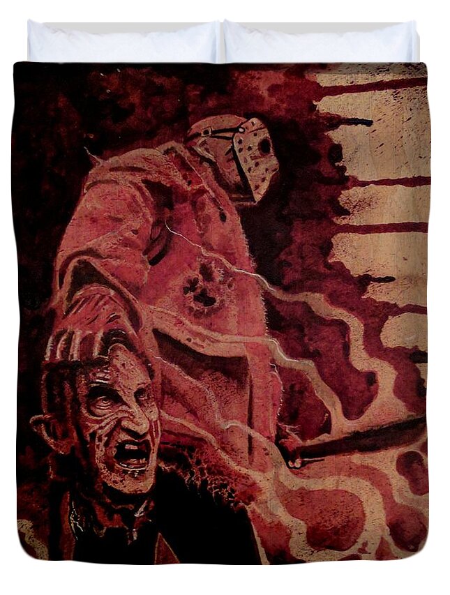 Ryanalmighty Duvet Cover featuring the painting FREDDY vs JASON by Ryan Almighty