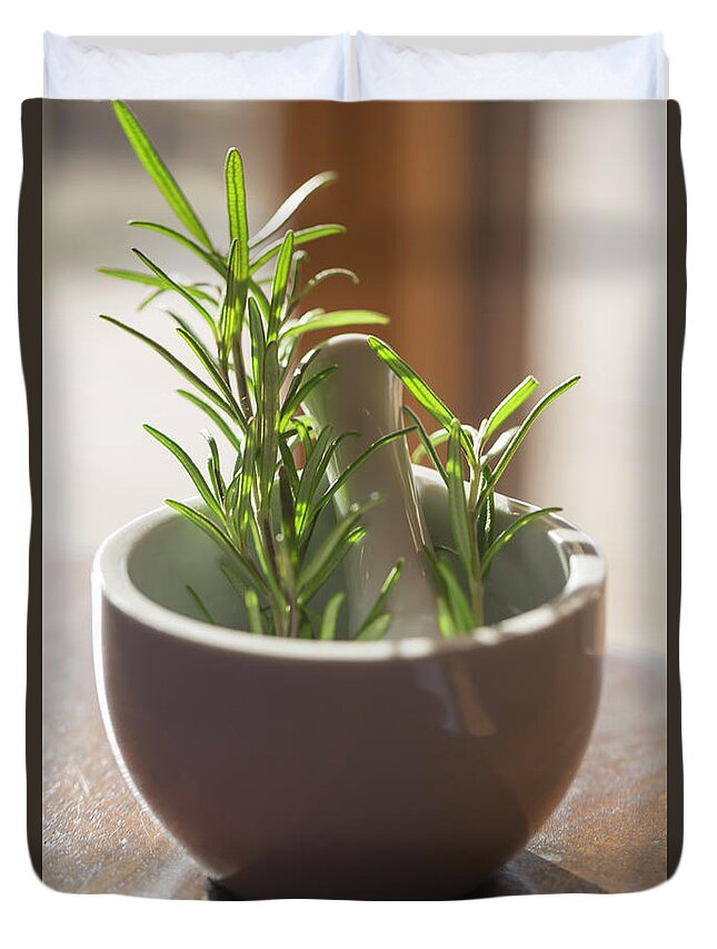 Shadow Duvet Cover featuring the photograph Fresh Rosemary In White Mortar by Lacaosa