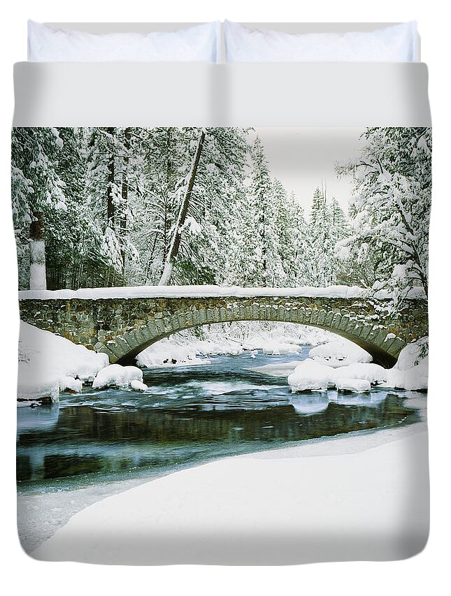 Scenics Duvet Cover featuring the photograph Fresh Winter Snow Laden Pine Trees by Ron thomas