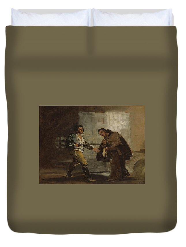 19th Century Art Duvet Cover featuring the painting Friar Pedro Offers Shoes to El Maragato and Prepares to Push Aside His Gun by Francisco Goya