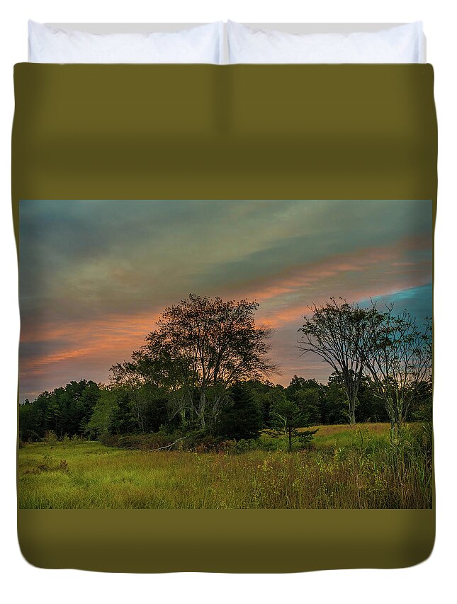 Colors Duvet Cover featuring the photograph Pine Lands in Friendship Sunrise by Louis Dallara