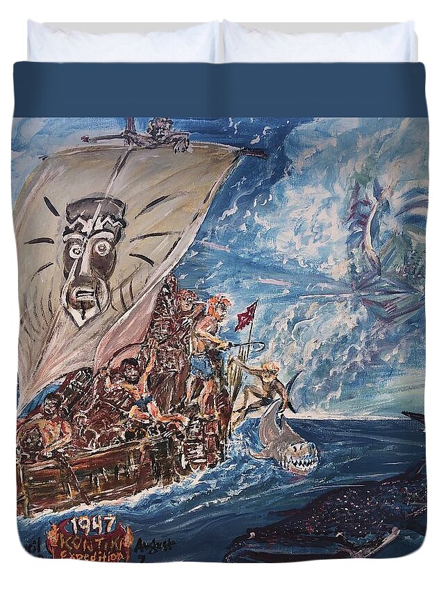Kon Tiki Duvet Cover featuring the painting Friggin In The Riggin - Kon Tiki Expedition by Jonathan Morrill
