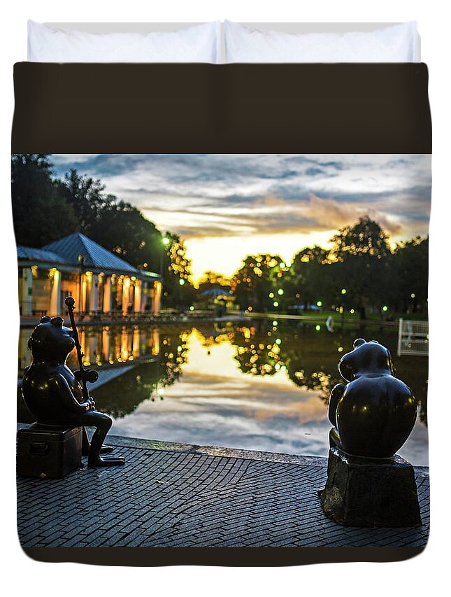 Boston Duvet Cover featuring the photograph Frogs meditating on the sunset Boston MA Boston Common Frog Pond by Toby McGuire