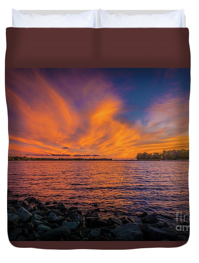 Blue Duvet Cover featuring the photograph Frontenac Ferry Sunset by Roger Monahan