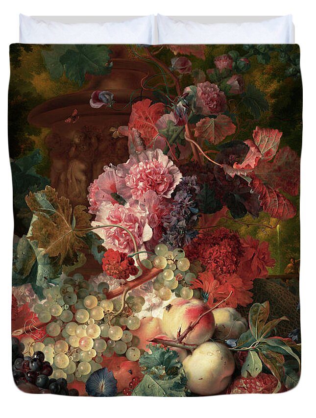 Vase Of Flowers Duvet Cover featuring the painting Fruit Piece by Jan van Huysum by Rolando Burbon