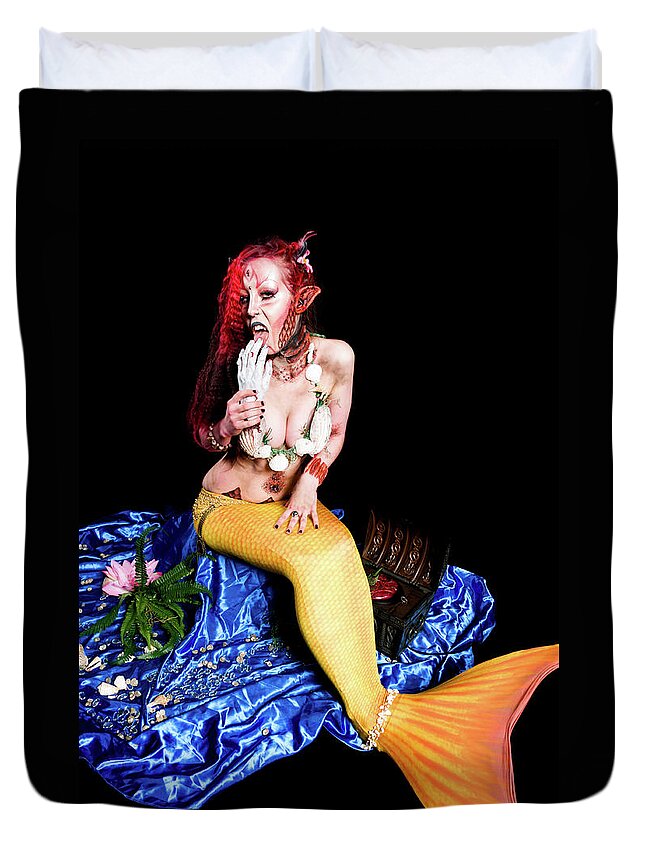 People Duvet Cover featuring the photograph Full Length Of Carnivorous Mermaid by Valagrenier