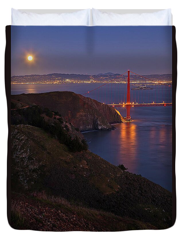 San Francisco Duvet Cover featuring the photograph Full Moon Over Golden Gate Bridge by Photo By Mike Shaw
